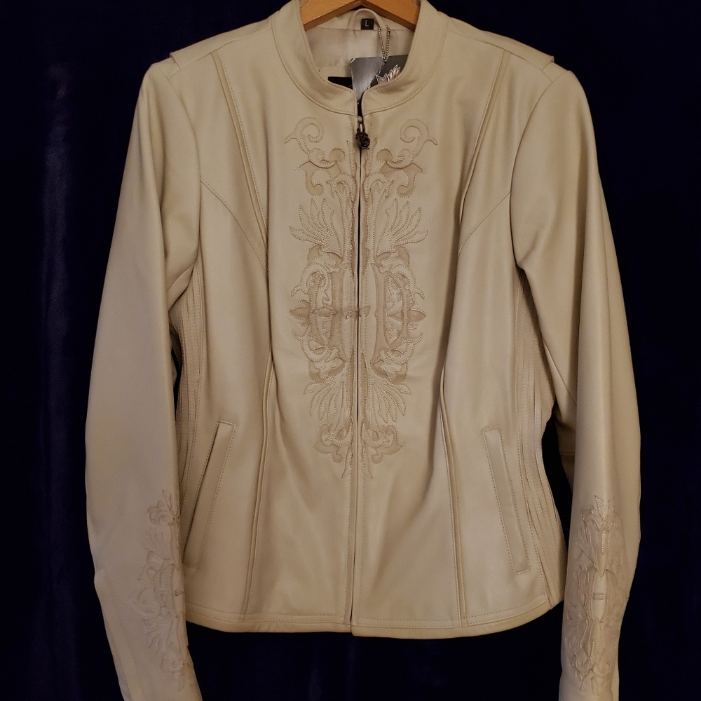 Women's Cream Embroidered Zip-Front Jacket